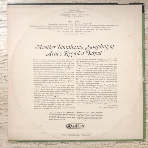 Artie Shaw September Song Vinyl Lp '65 - Picture 8 of 8